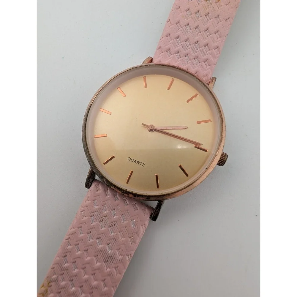 Women's Quartz Watch 41mm Case Pink Faux Leather Band- New Battery